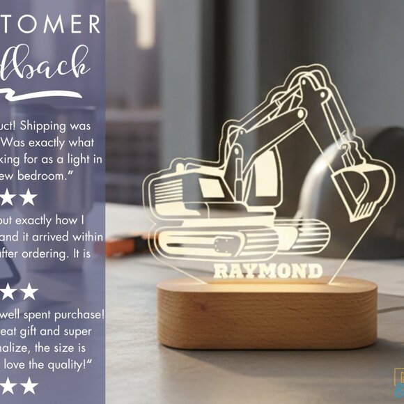 Personalized Excavator Night Light – Custom LED Construction Lamp - Picture 7 of 8